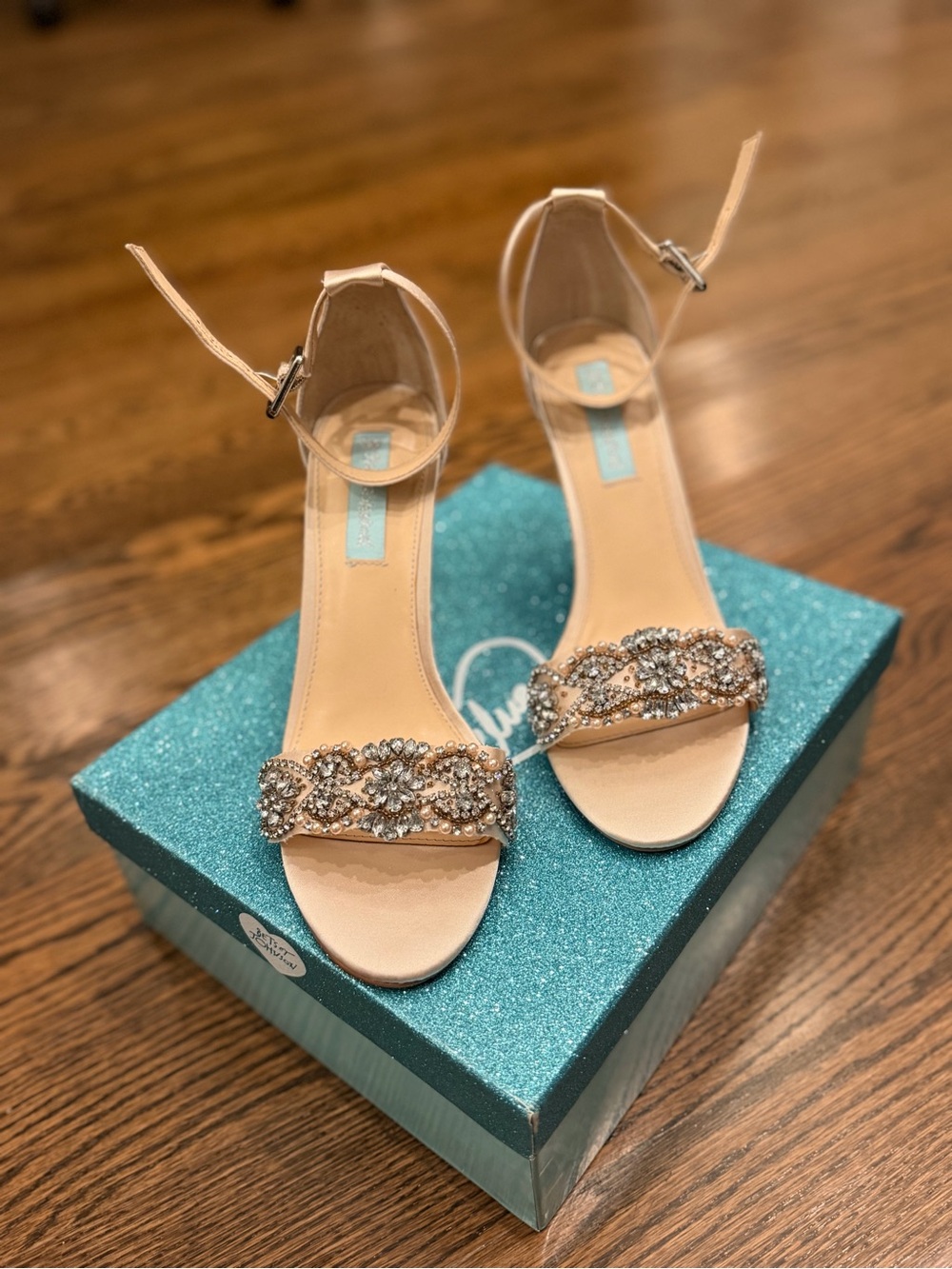 Betsey Johnson Nude Crystal Embellished Ankle-Strap Heels